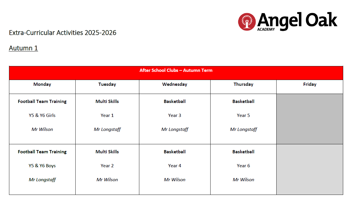 Clubs list autumn 2025 2026