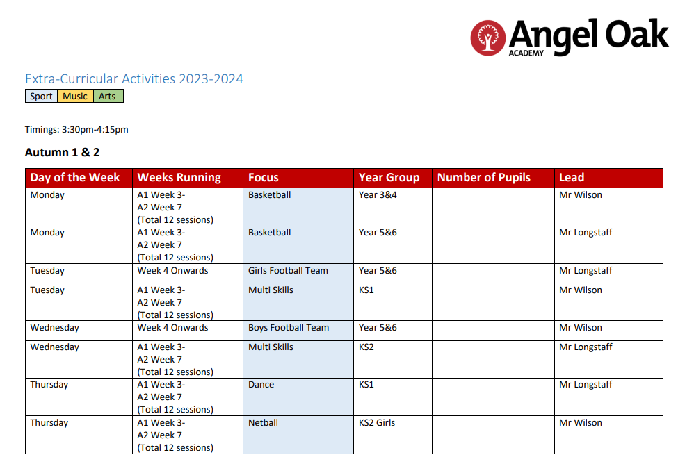 Extra curricular clubs autumn 2023